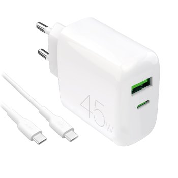 Puro Daily Prolite 45W USB-C USB-A Power Delivery Charger with USB-C Cable - White