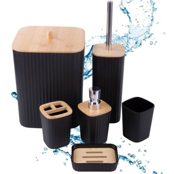 Bathroom Accessory Set, 6 Pieces, Black/Bamboo