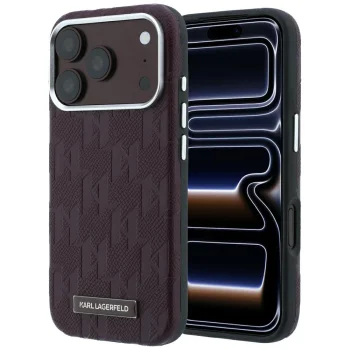 Karl Lagerfeld Grained Mono Resin Logo MagSafe Case for iPhone 17 / 18 Pro Max, Burgundy