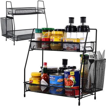 Two-Tier Kitchen Organizer with Basket, Black