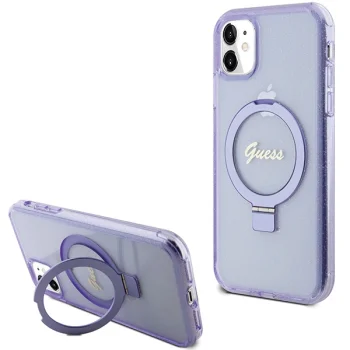 Guess iPhone 11 / XR Case Ring Stand Script Glitter MagSafe, Purple