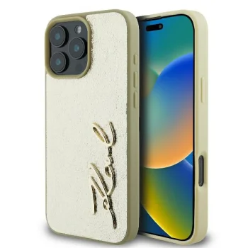 Apple iPhone 16 Pro 6.3'' Karl Lagerfeld Metal Signature Cover Case, Gold