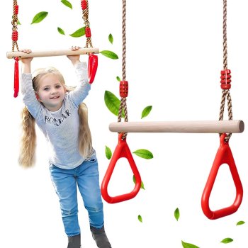 Wooden Gymnastic Trapeze Swing for Kids with Handles Red