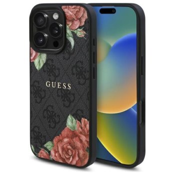 Guess 4G Flowers Print MagSafe Case for iPhone 16 Pro, Black