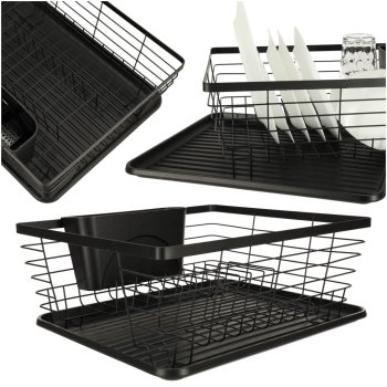 Dish Drying Rack with Utensil Holder and Drip Tray for Kitchen Counter, Black