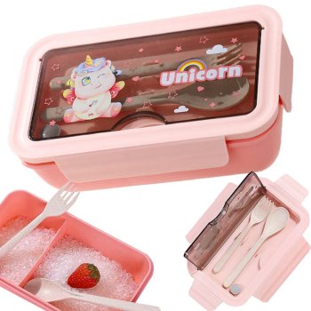 Bento lunch box with compartments and utensils for kids and adults school work, pink