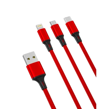 XO NB173 3-in-1 USB Cable - Lightning + USB-C + microUSB 1.2m 2.4A Red
