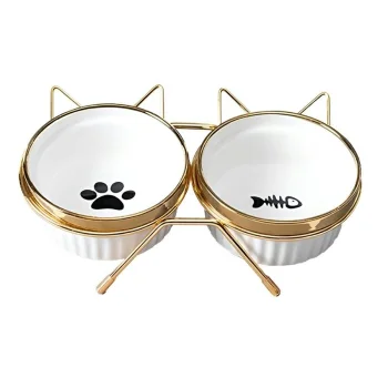 Ceramic Pet Bowl Set on Stand for Cats and Dogs, 2x300ml, White/Gold