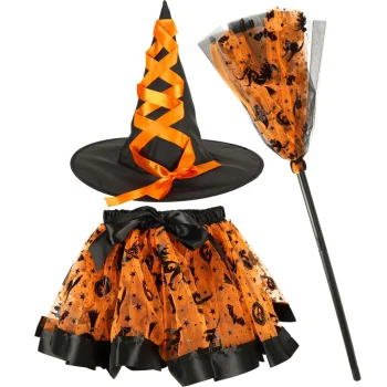 Kids Witch Costume 3-Piece Dress-Up Set with Hat and Broom, Orange
