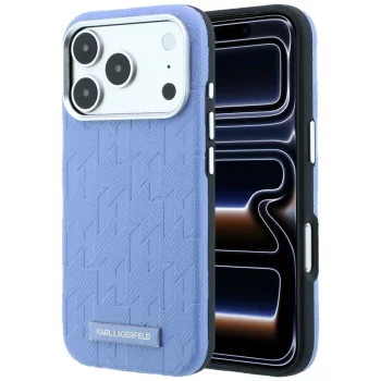 Karl Lagerfeld Grained Mono Resin Logo MagSafe Case for iPhone 17/18 Pro Max Light Blue