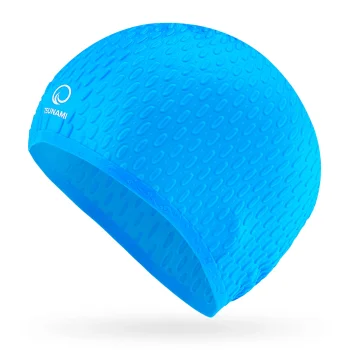 TSUNAMI TEXTURE Women's Silicone Swim Cap, Blue