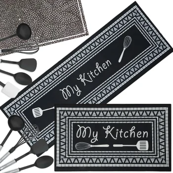 Kitchen Rug Set of 2 Non-Slip Cushioned Floor Mats for Kitchen Floor Runner, Black