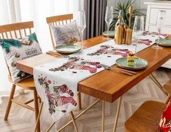Christmas Table Runner with Stocking Motif, 205x35 cm, White