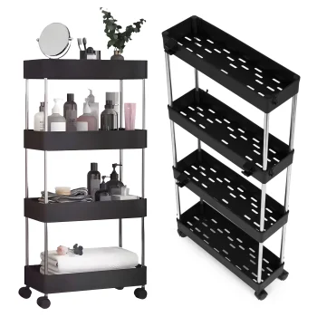 Modernhome PJJKT0104 Plastic Bathroom Shelf with 4 Tiers and Wheels, Black