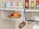 Under-Shelf Hanging Metal Basket with 5 Hooks and Paper Towel Holder, White