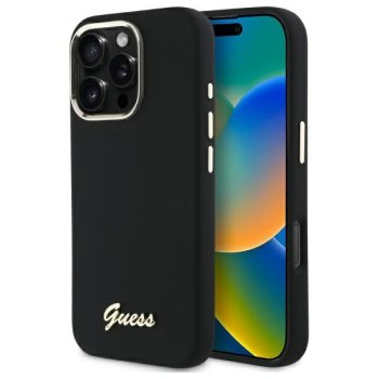 Guess Silicone Script Metal Logo & Frame Phone Case Cover iPhone 16 Pro Max - Black