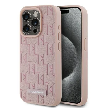 Karl Lagerfeld iPhone 15 Pro Max Case Leather Monogram Metal Logo, Pink