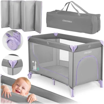Ricokids RK-240 Travel Cot with Mattress and Bag, Grey/Lavender