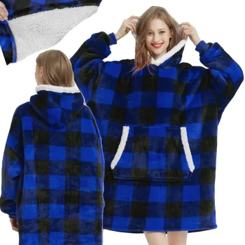 Oversized Blanket Hoodie with Pocket Blue Plaid