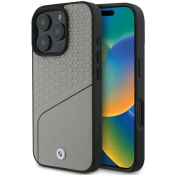 BMW iPhone 16 Pro Case Sign Leather Textured and Line MagSafe, Gray