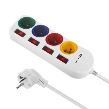 Maclean MCE508 W Power Strip, 4 Outlets, USB-A/C, 1.5m, White