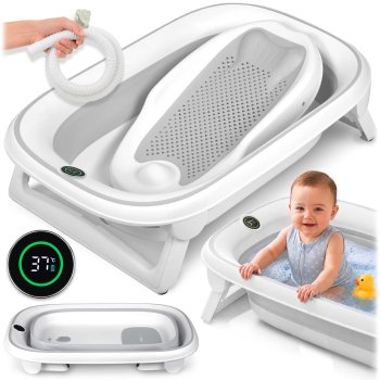 Nukido Nk-279 Foldable Baby Bathtub with Thermometer and Insert, White-Grey