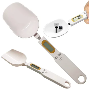 Elektroninės virtuvinės svarstyklės-šaukštas su LCD ekranu, 0,1-500 g, baltos
