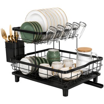 Two-Tier Dish Drying Rack with Drainboard and Utensil Holders, Black