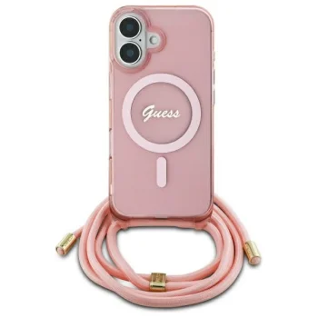 Guess iPhone 16 Case Crossbody Cord Script MagSafe, Pink