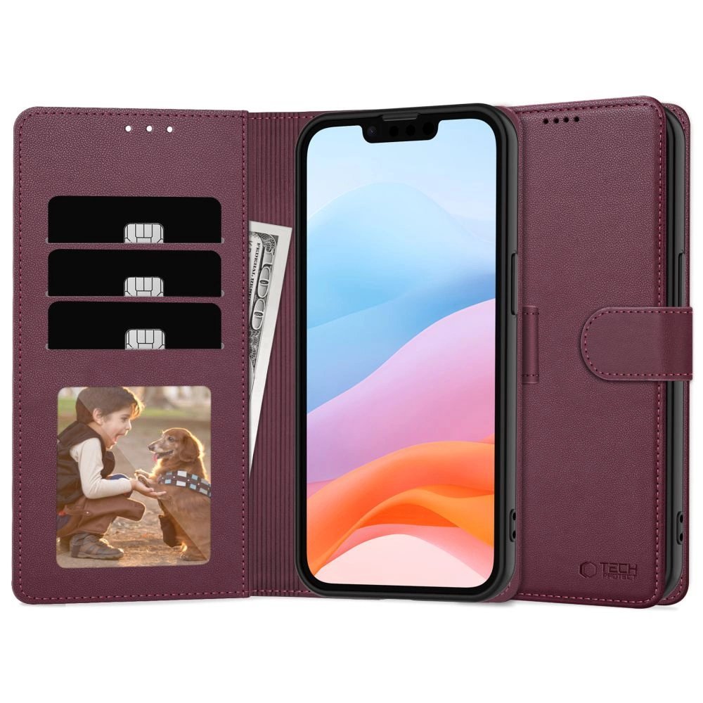 Apple iPhone 16e / 17e / SE (2025) 6.1'' Tech-Protect Wallet Book Case Cover, Burgundy (1)