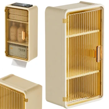 Wall-Mounted Bathroom Shelf with Door and Tissue Dispenser, Beige