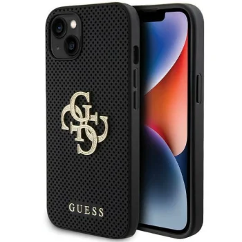 Apple iPhone 15 6.1'' Guess Leather Perforated 4G Glitter Logo Case Cover, Black