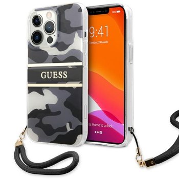 Guess iPhone 13 Case Camouflage with Strap Black