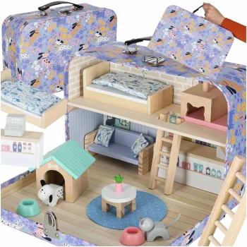 Wooden Dollhouse in a Suitcase - Pet Hotel with Furniture and Figures