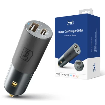 3mk Hyper Car Charger USB-C / USB-A 100W, Silver