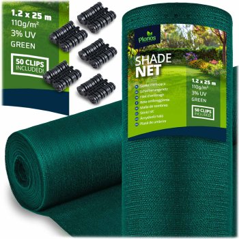 Plonos Shade Net 1.2x25 m 110 g/m² with 50 Green Clips, Green