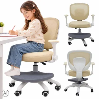 Kids Desk Chair Adjustable Swivel Chair with Footrest, Beige