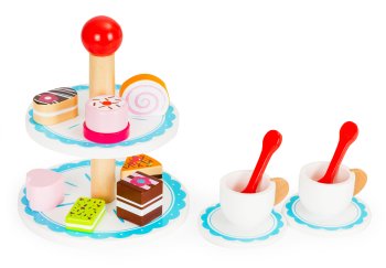 ECOTOYS Wooden Cake Stand Set with Desserts and Tea Cups for Kids