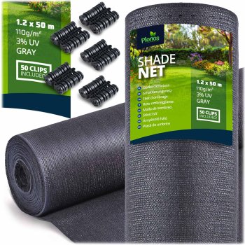Plonos Shade Net 1.2x50 m 110 g/m² with 50 Clips, Grey