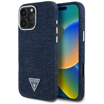 Guess Denim Triangle Logo MagSafe dėklas telefonui iPhone 16 Pro, mėlynas