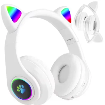 Wireless Bluetooth Cat Ear Headphones with LED Lights, FM Radio, Micro SD, White