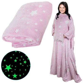 Warm Fleece Blanket with Sleeves, Glow in the Dark, Pink (190 x 170 cm)