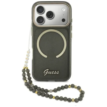 Guess IML Glitters Script Strap MagSafe Case for iPhone 17 Pro, Black