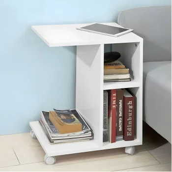 ModernHome Rolling Side Table and Nightstand with Shelves, White
