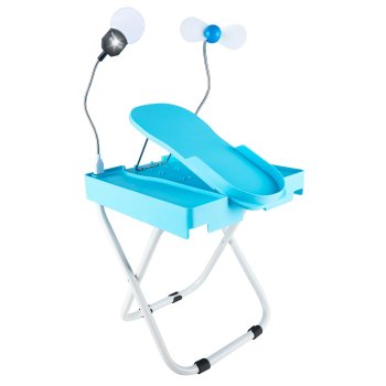 Pedicure table with adjustable footrest, fan and illuminated magnifier