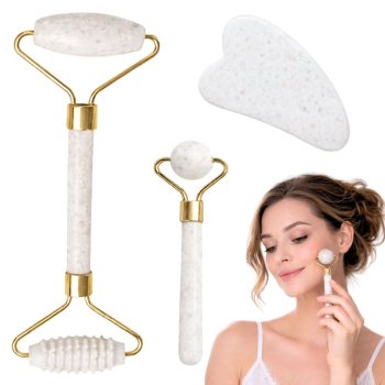 Jade Face Massager Set 3-in-1 Roller and Gua Sha Stone, White
