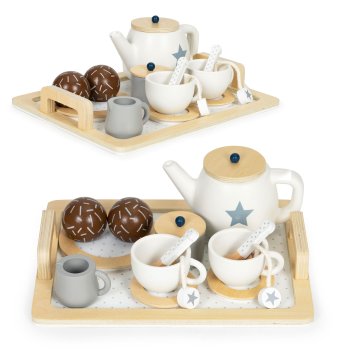 ECOTOYS Wooden Tea Set for Kids 17-Piece Pretend Play Toy