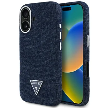 Guess Denim Triangle Logo MagSafe dėklas telefonui iPhone 16, mėlynas