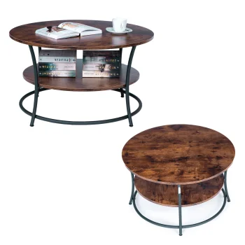ModernHome Round Industrial Coffee Table with Shelf for Living Room