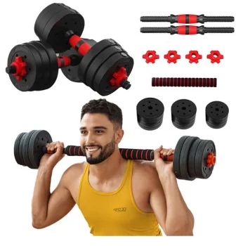 4Fizjo Adjustable Bitumen Dumbbells with Barbell, 2 x 10 kg